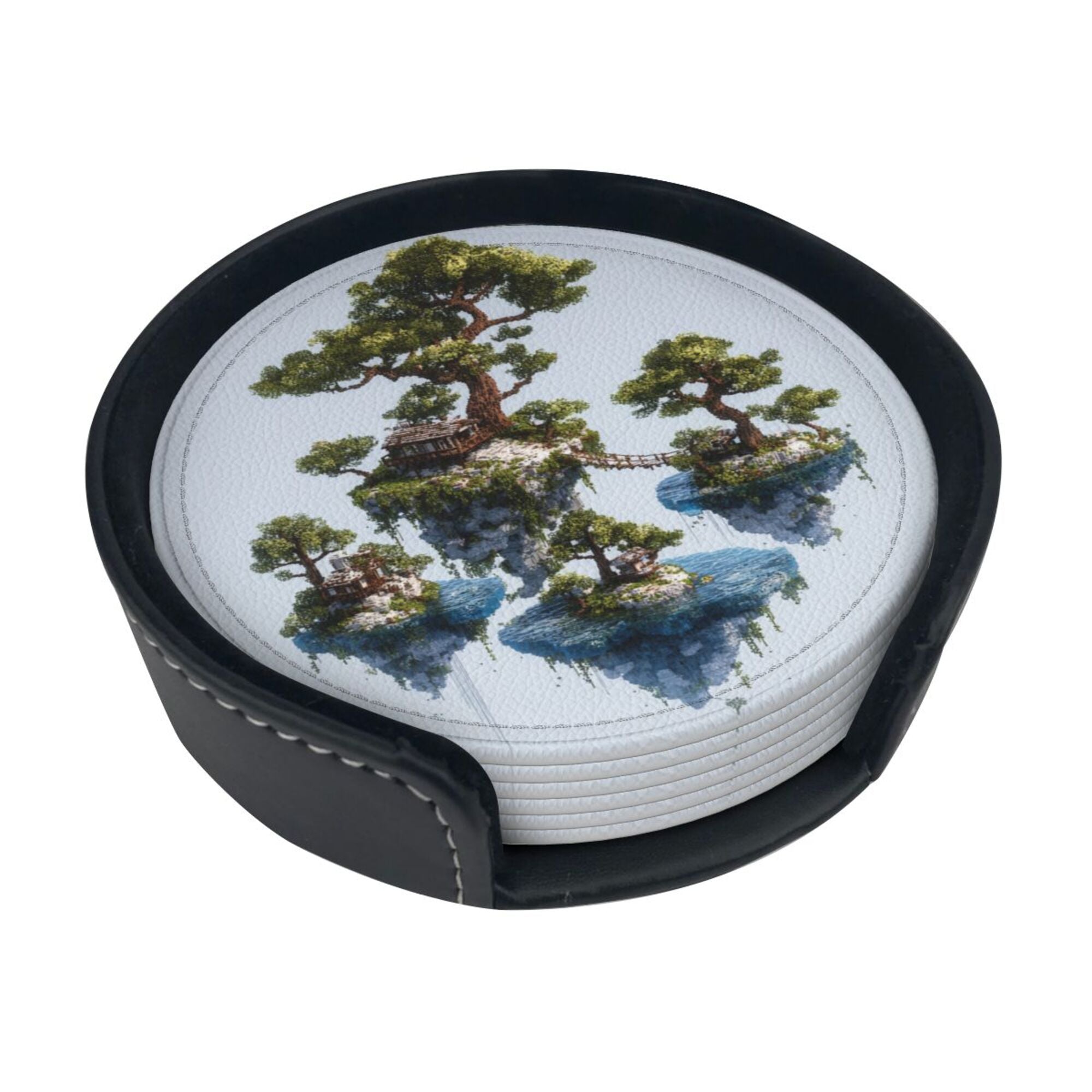 6 - Pack Round Leather Coasters: Floating Island Landscape Pattern, Exquisite Storage, Protecting the Desktop