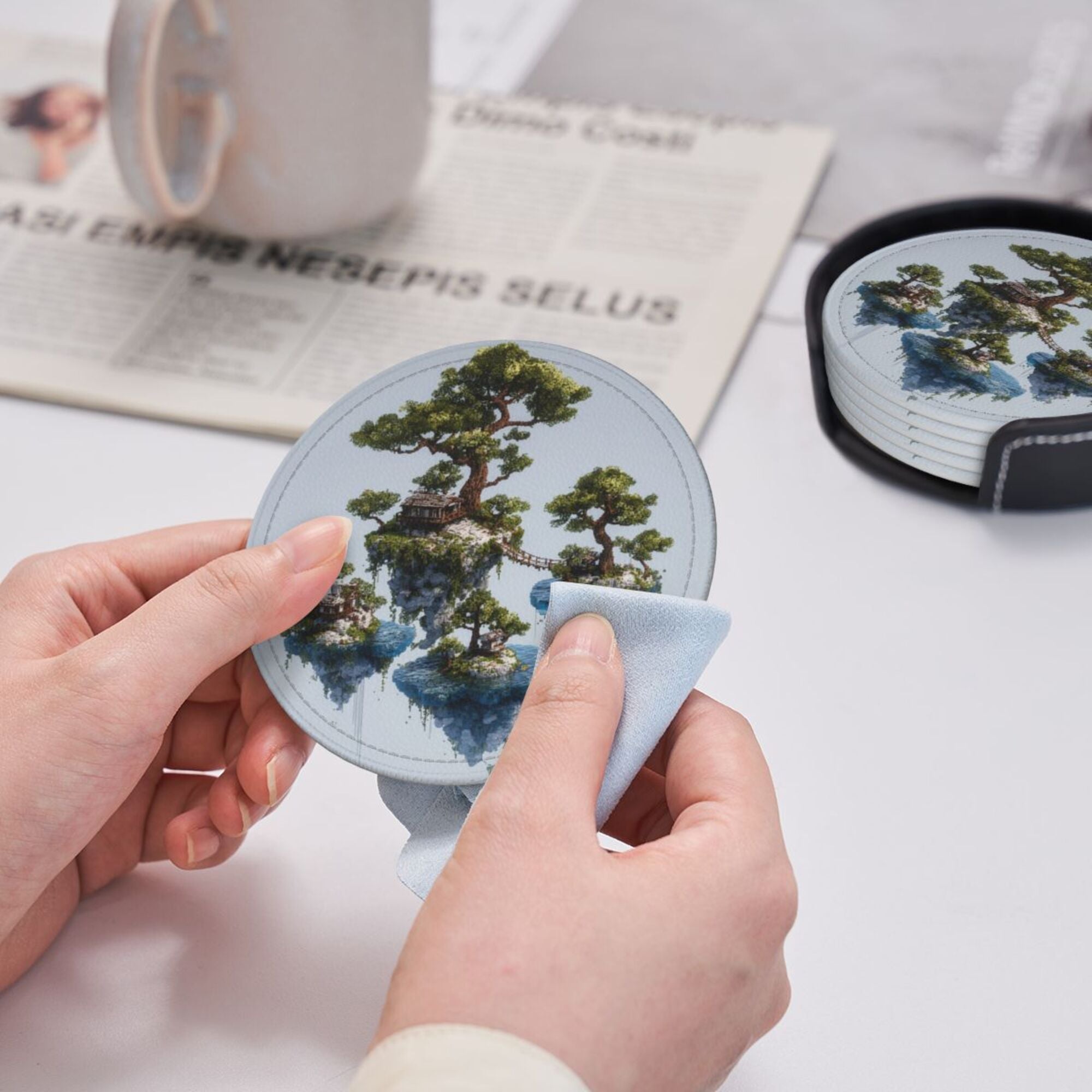 6 - Pack Round Leather Coasters: Floating Island Landscape Pattern, Exquisite Storage, Protecting the Desktop