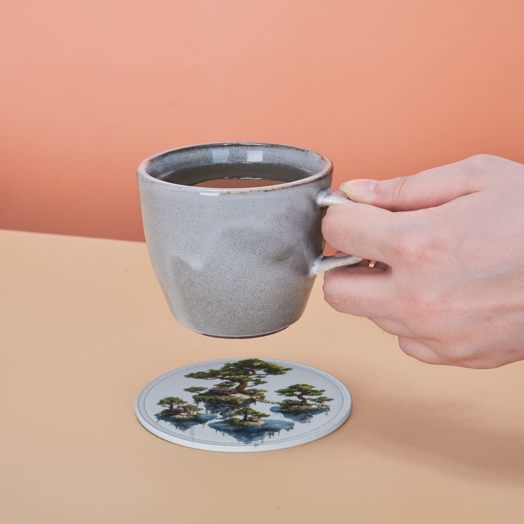 6 - Pack Round Leather Coasters: Floating Island Landscape Pattern, Exquisite Storage, Protecting the Desktop