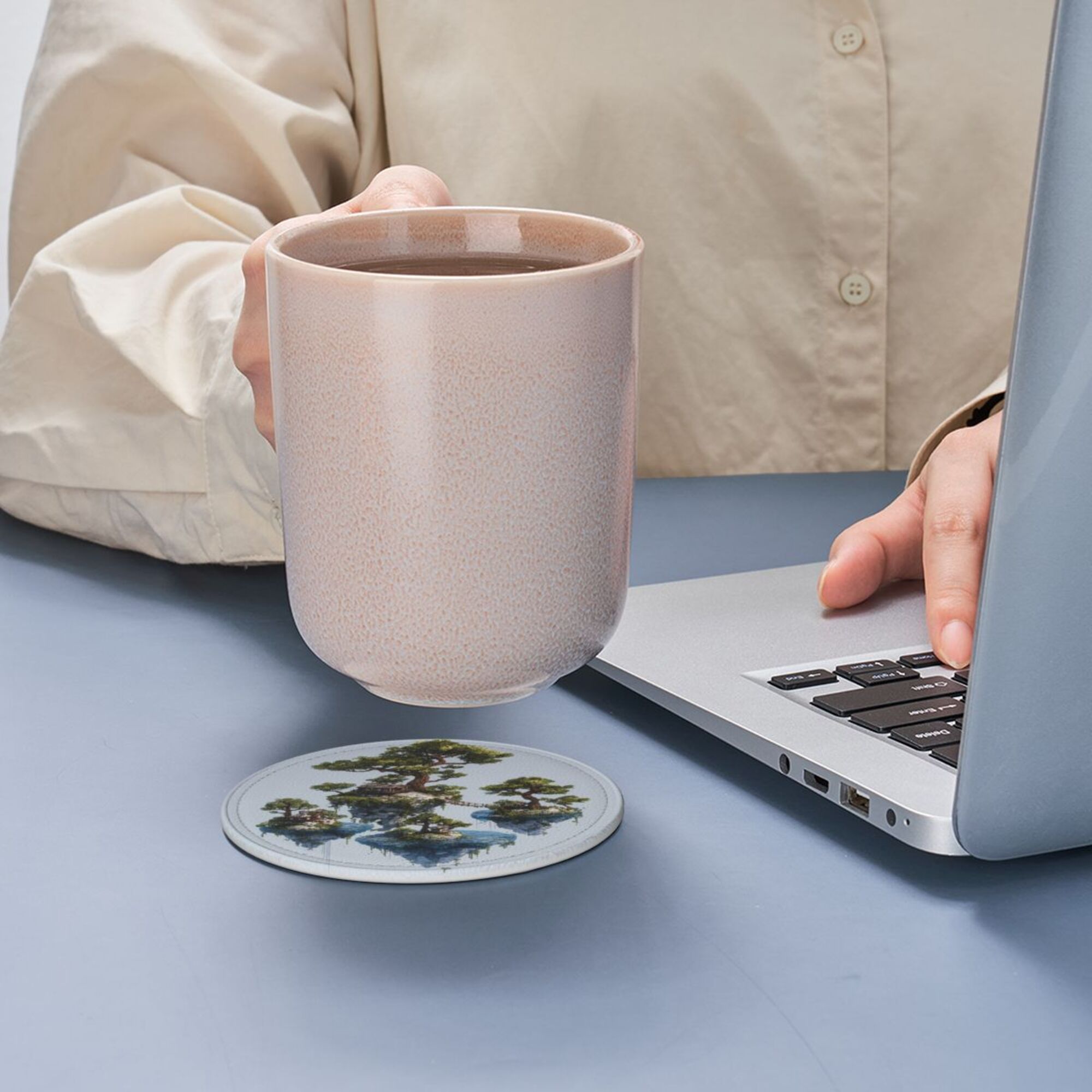 6 - Pack Round Leather Coasters: Floating Island Landscape Pattern, Exquisite Storage, Protecting the Desktop