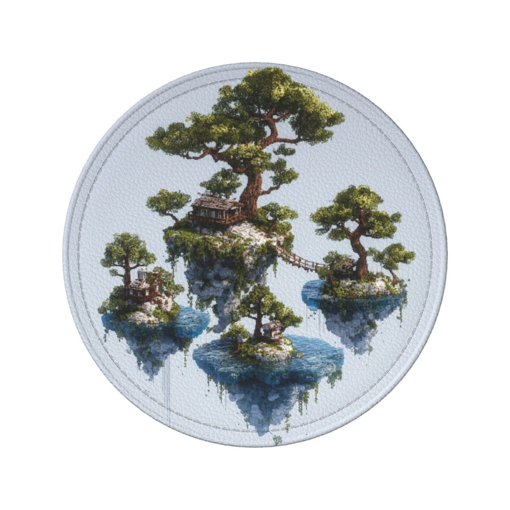 6 - Pack Round Leather Coasters: Floating Island Landscape Pattern, Exquisite Storage, Protecting the Desktop