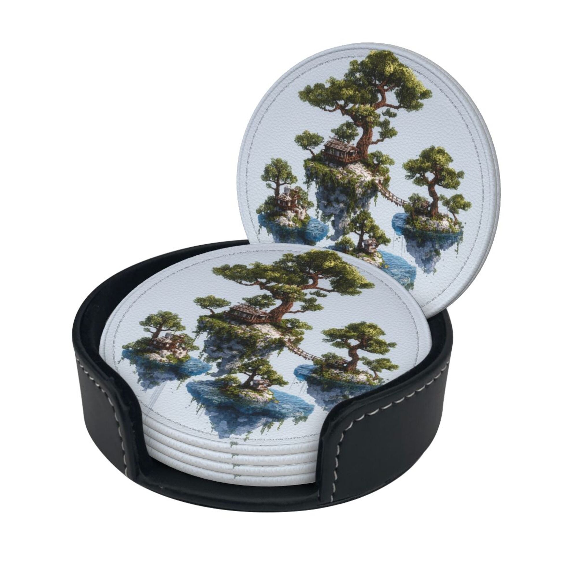6 - Pack Round Leather Coasters: Floating Island Landscape Pattern, Exquisite Storage, Protecting the Desktop