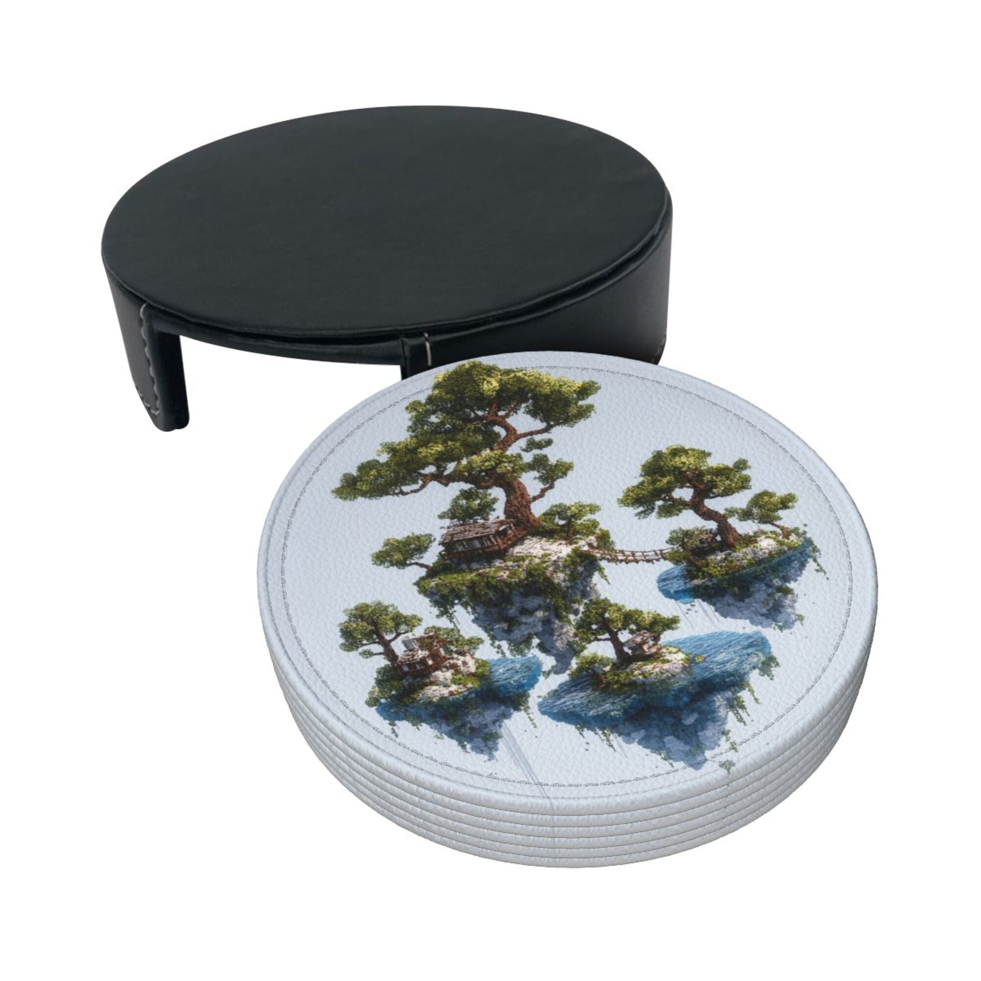 6 - Pack Round Leather Coasters: Floating Island Landscape Pattern, Exquisite Storage, Protecting the Desktop