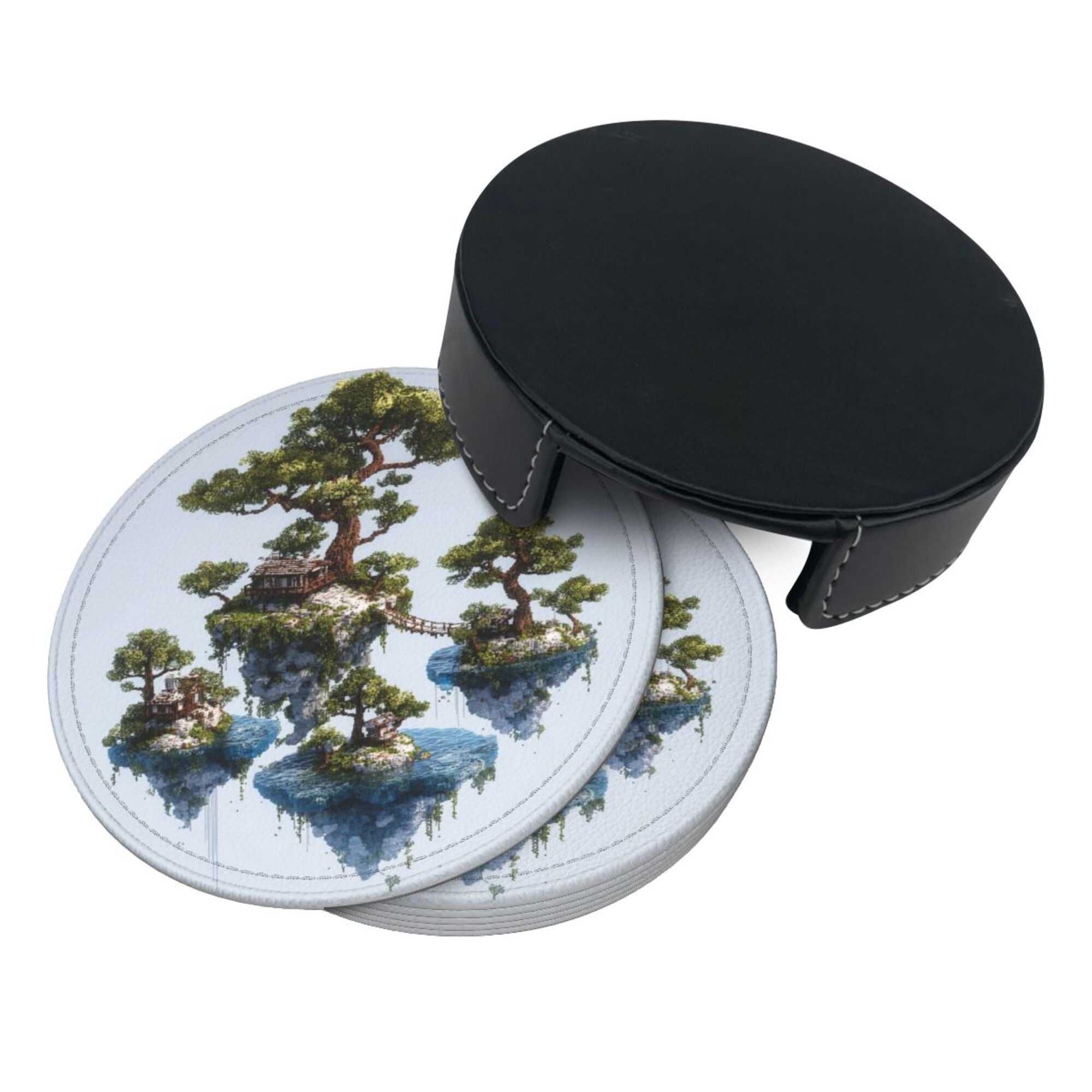 6 - Pack Round Leather Coasters: Floating Island Landscape Pattern, Exquisite Storage, Protecting the Desktop