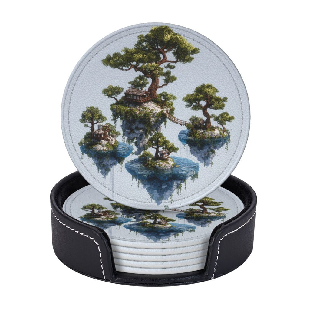 6 - Pack Round Leather Coasters: Floating Island Landscape Pattern, Exquisite Storage, Protecting the Desktop