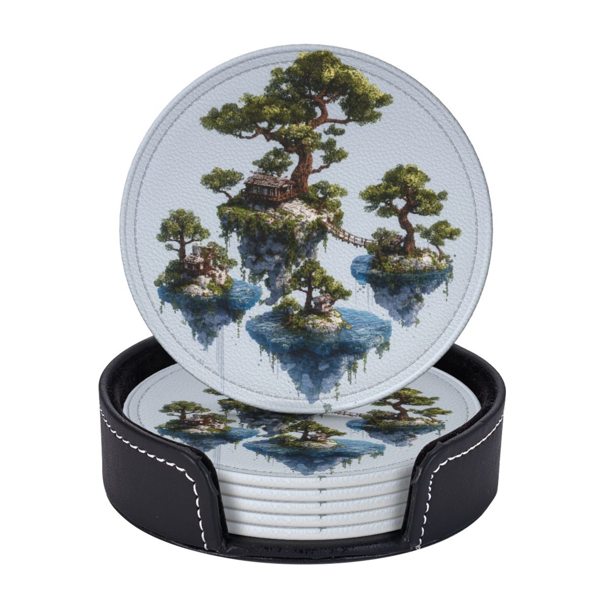 6 - Pack Round Leather Coasters: Floating Island Landscape Pattern, Exquisite Storage, Protecting the Desktop