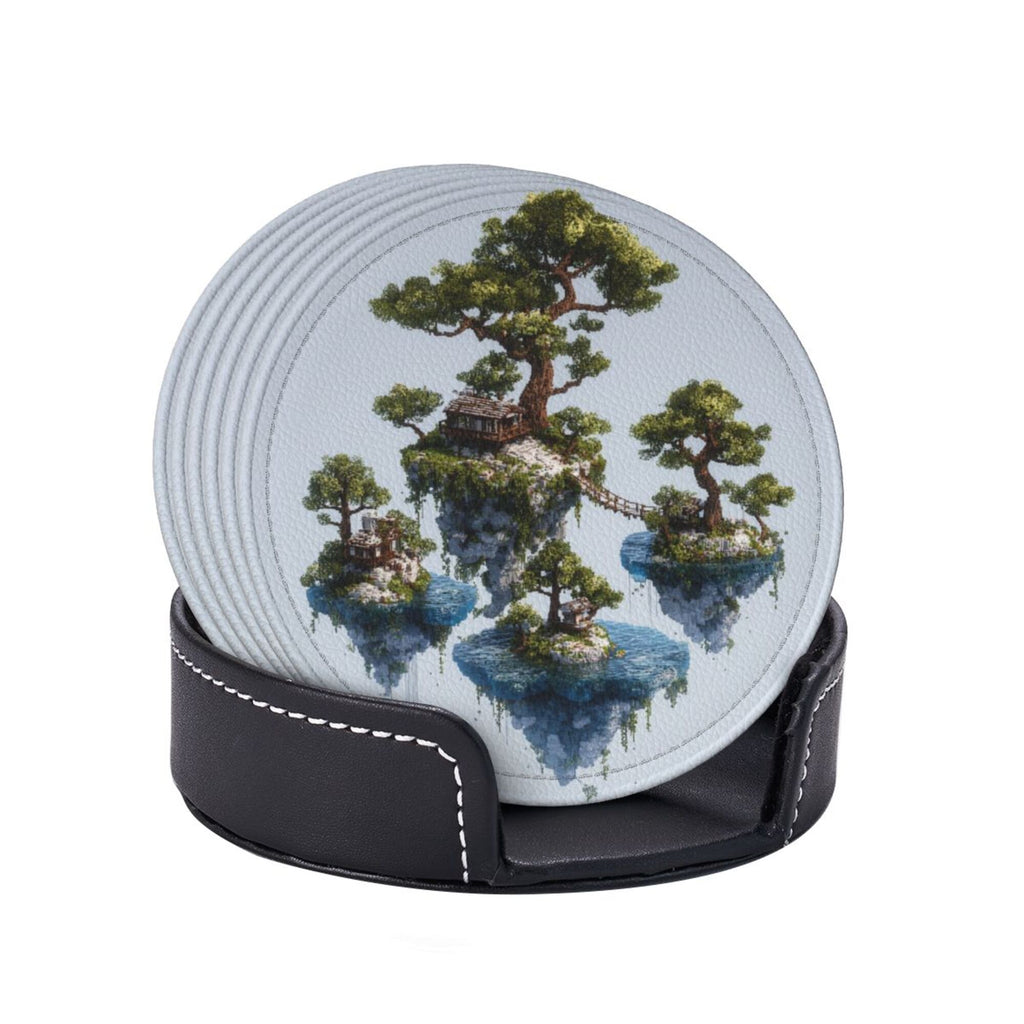 6 - Pack Round Leather Coasters: Floating Island Landscape Pattern, Exquisite Storage, Protecting the Desktop