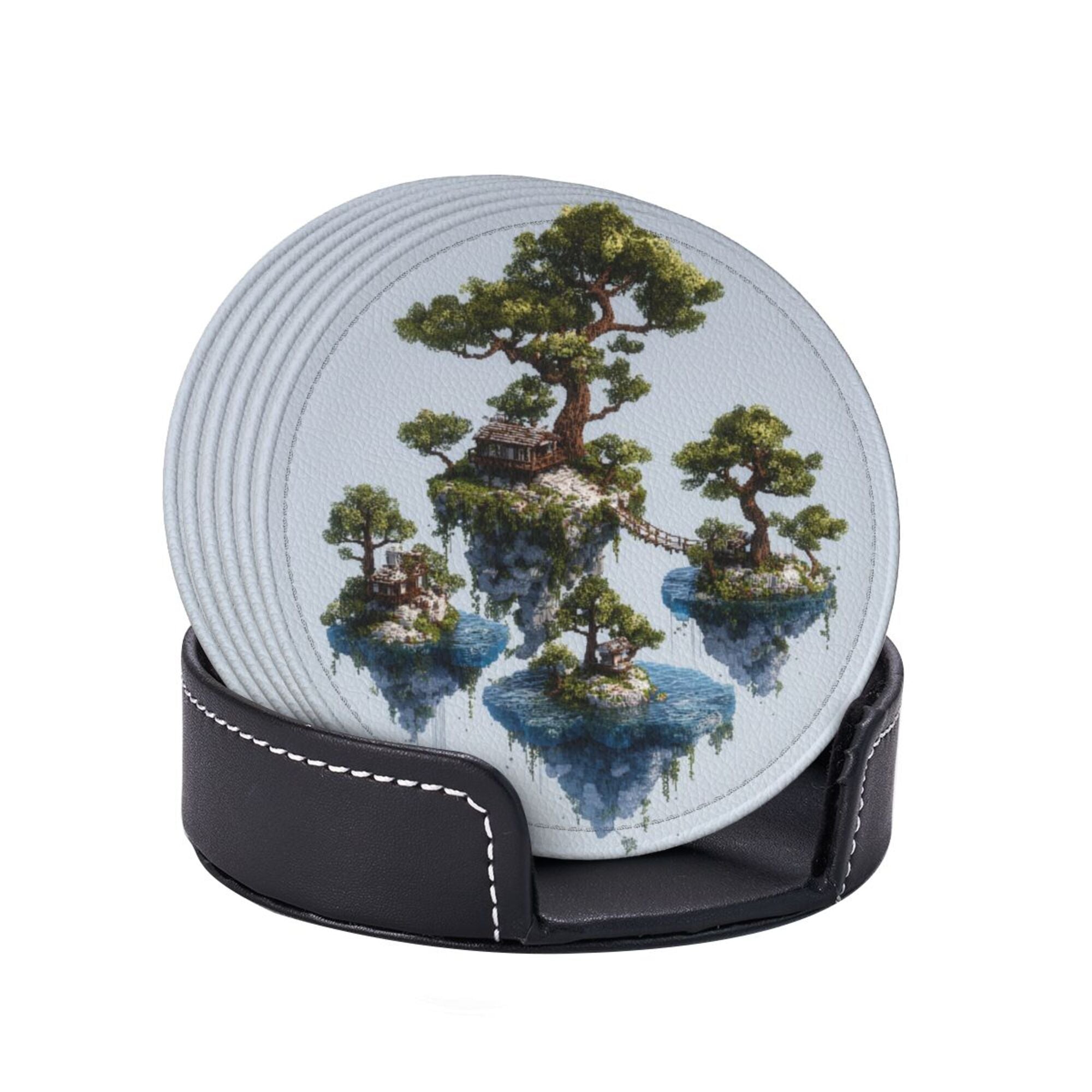 6 - Pack Round Leather Coasters: Floating Island Landscape Pattern, Exquisite Storage, Protecting the Desktop