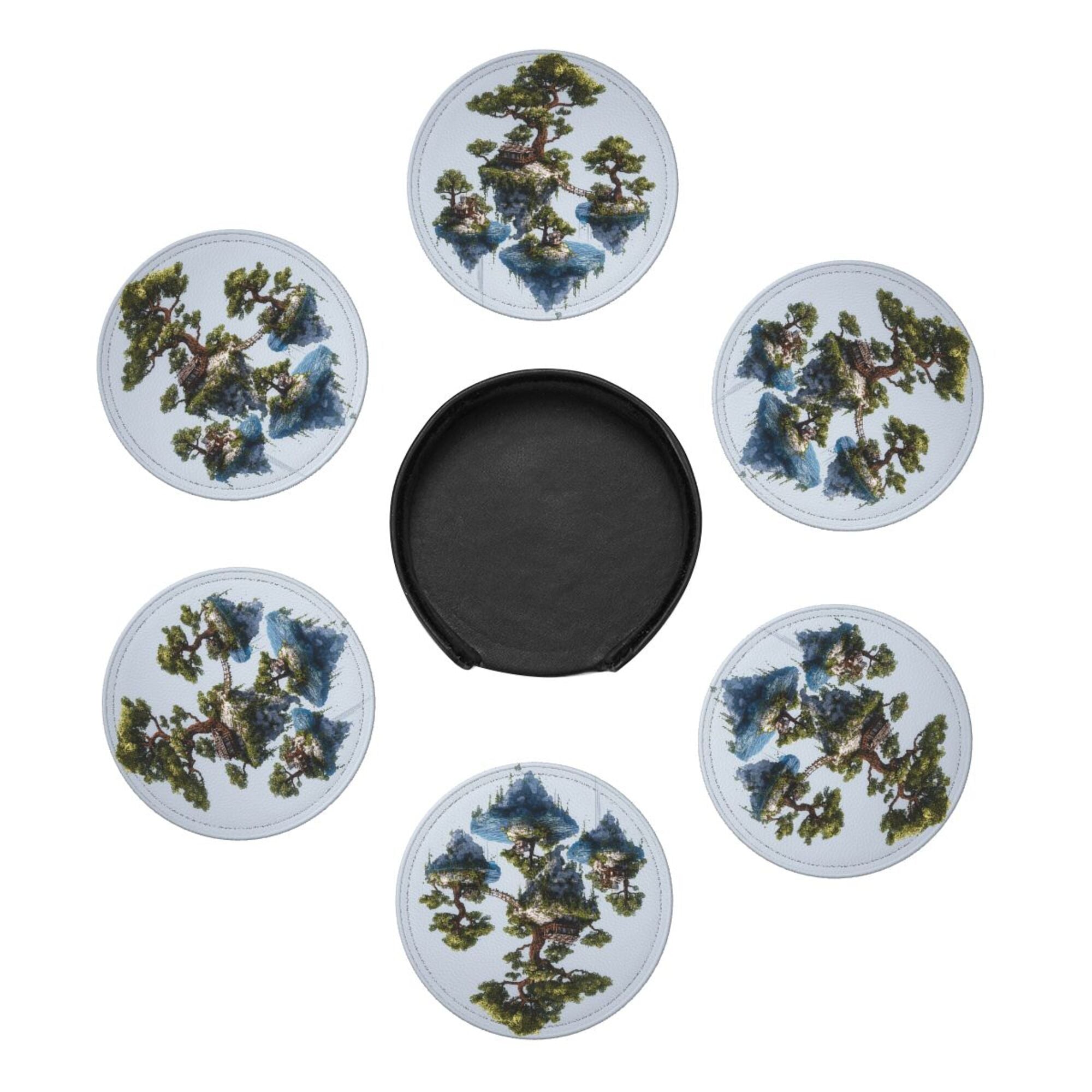 6 - Pack Round Leather Coasters: Floating Island Landscape Pattern, Exquisite Storage, Protecting the Desktop