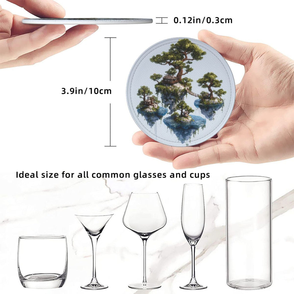 6 - Pack Round Leather Coasters: Floating Island Landscape Pattern, Exquisite Storage, Protecting the Desktop