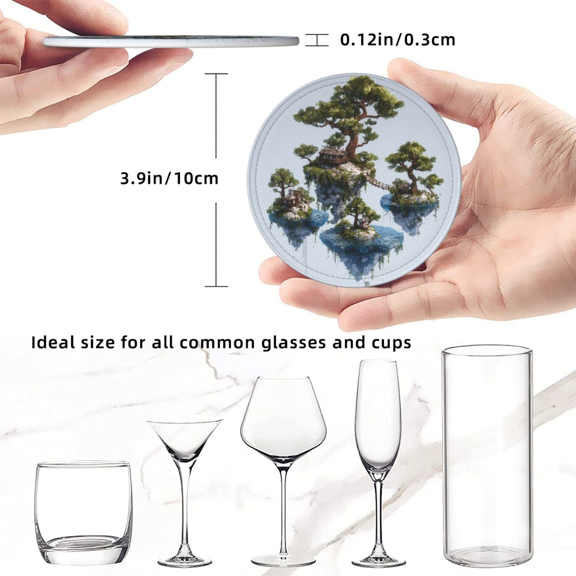 6 - Pack Round Leather Coasters: Floating Island Landscape Pattern, Exquisite Storage, Protecting the Desktop