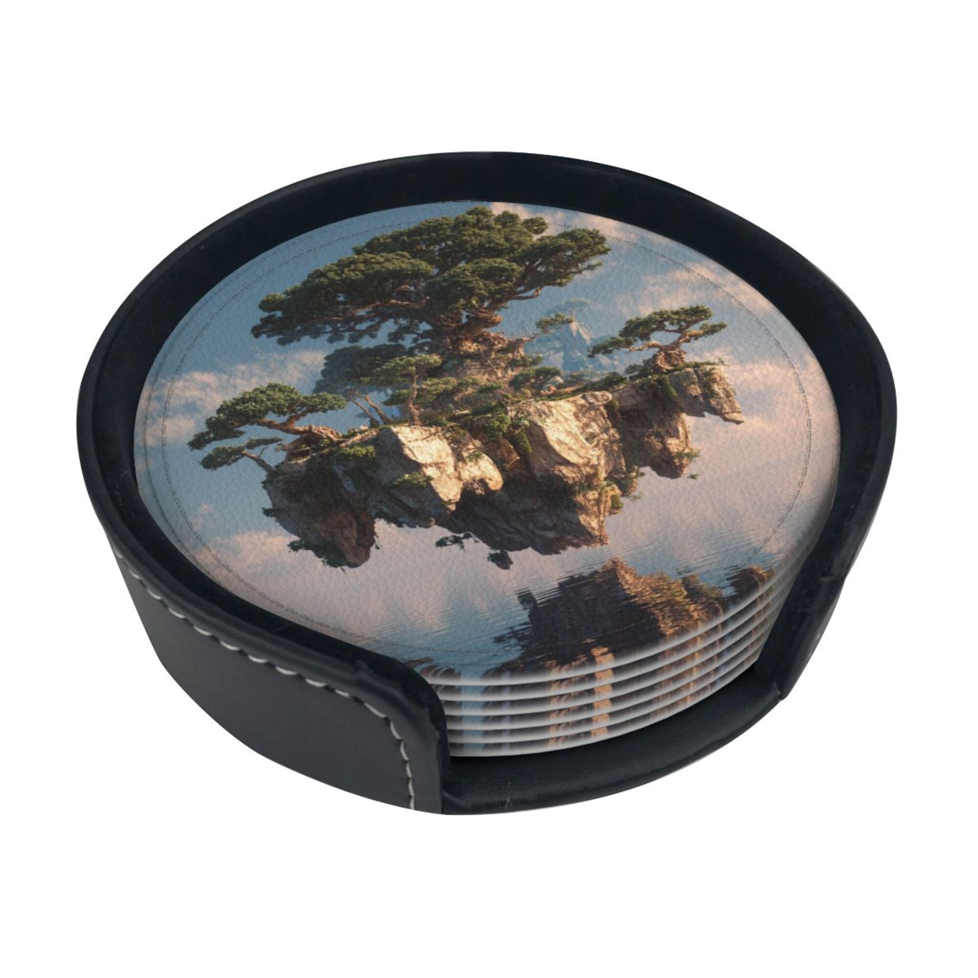 6 - Pack Round Leather Coasters: Floating Giant Tree Island Pattern, Exquisite Storage, Protecting the Desktop