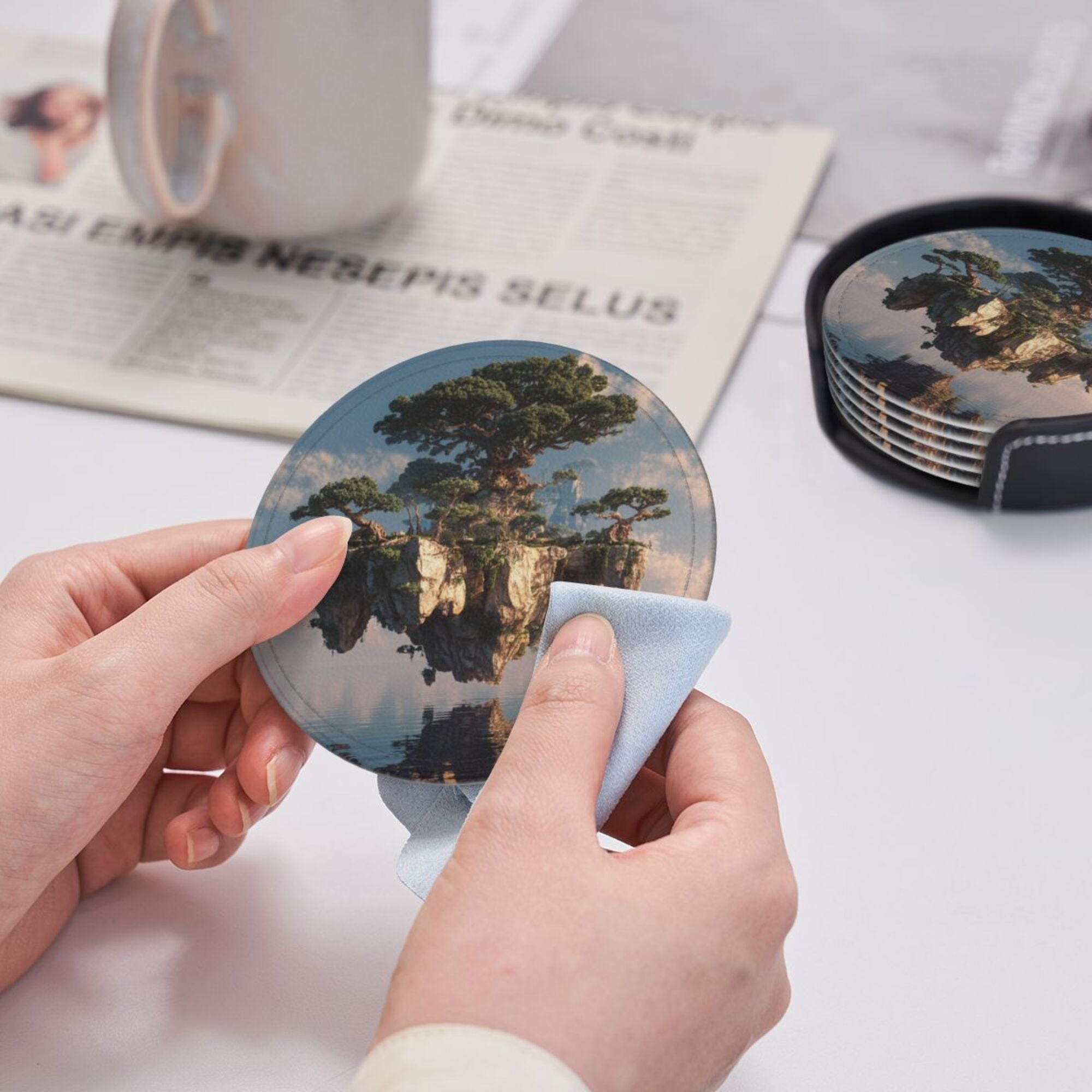 6 - Pack Round Leather Coasters: Floating Giant Tree Island Pattern, Exquisite Storage, Protecting the Desktop