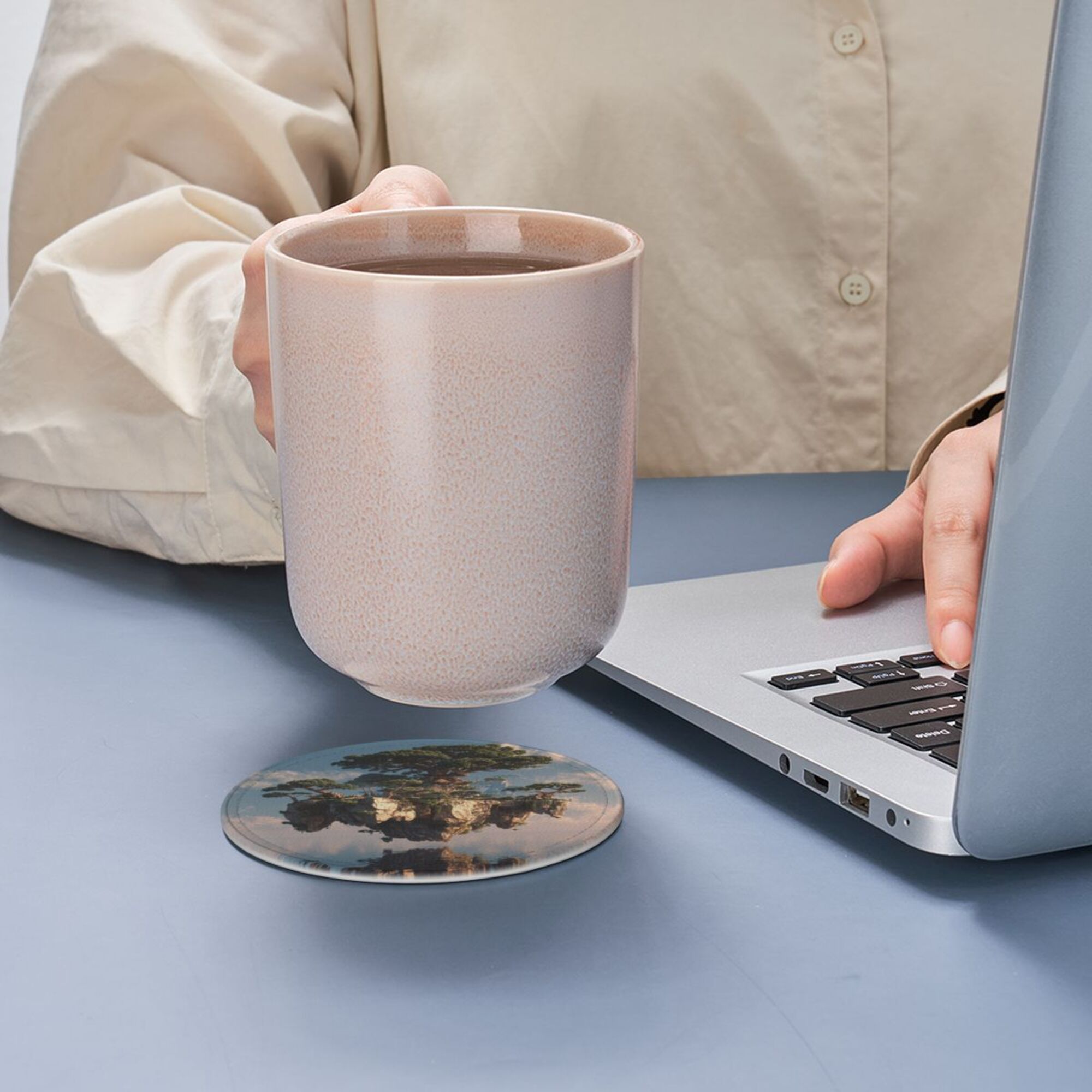 6 - Pack Round Leather Coasters: Floating Giant Tree Island Pattern, Exquisite Storage, Protecting the Desktop