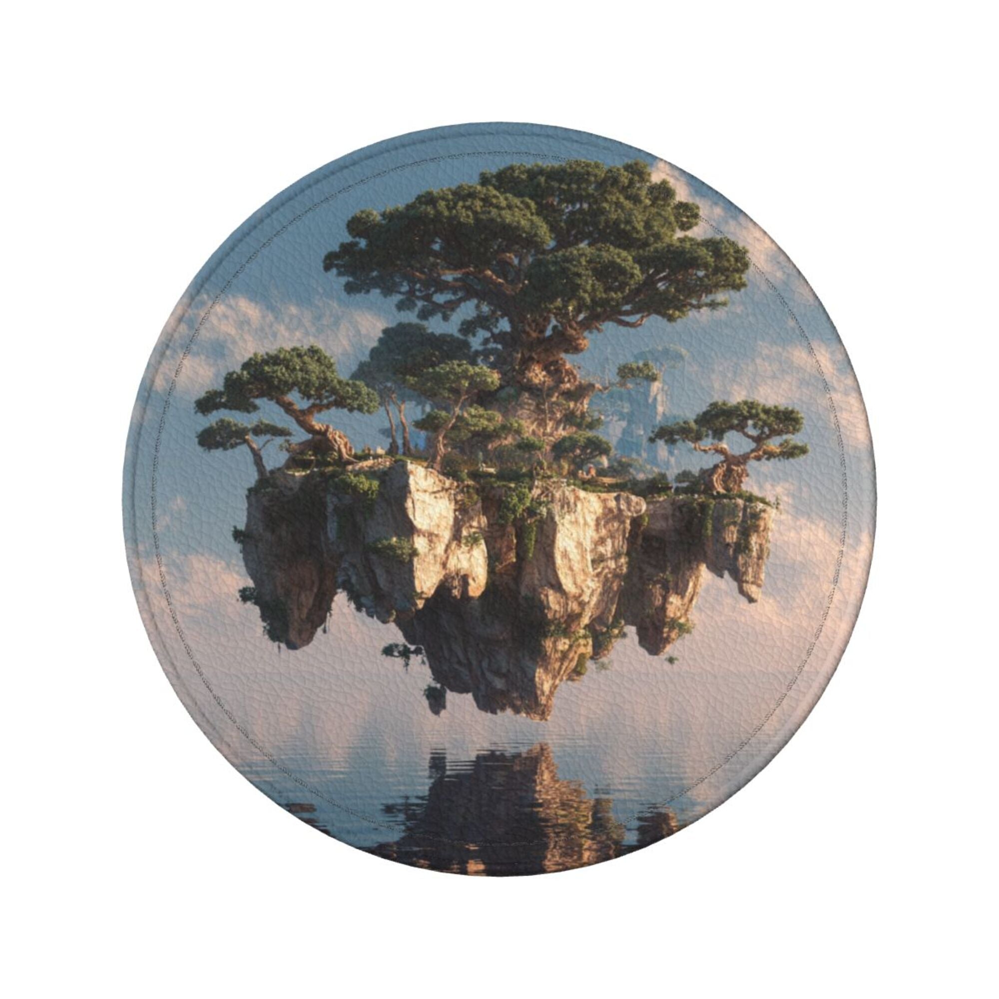 6 - Pack Round Leather Coasters: Floating Giant Tree Island Pattern, Exquisite Storage, Protecting the Desktop