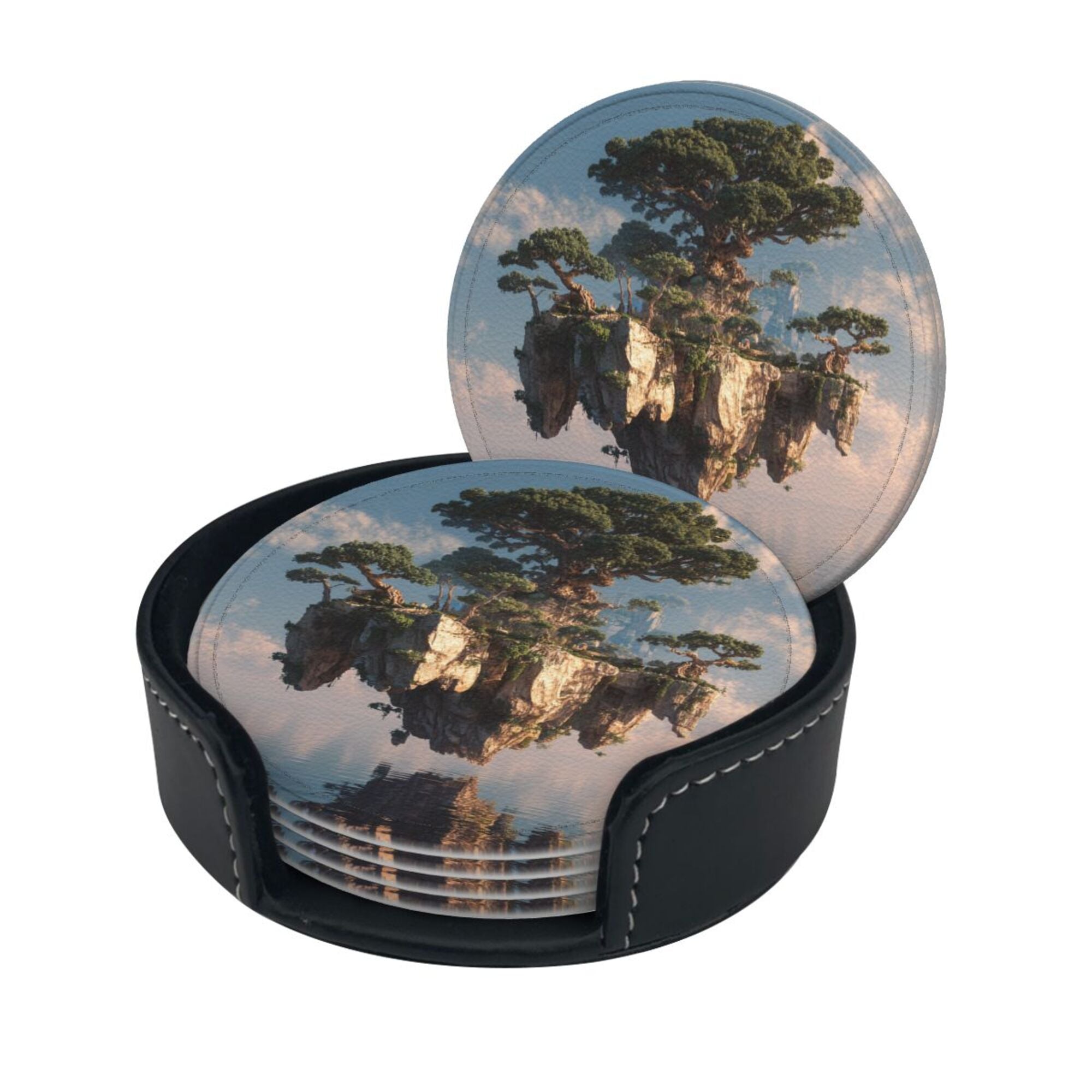 6 - Pack Round Leather Coasters: Floating Giant Tree Island Pattern, Exquisite Storage, Protecting the Desktop