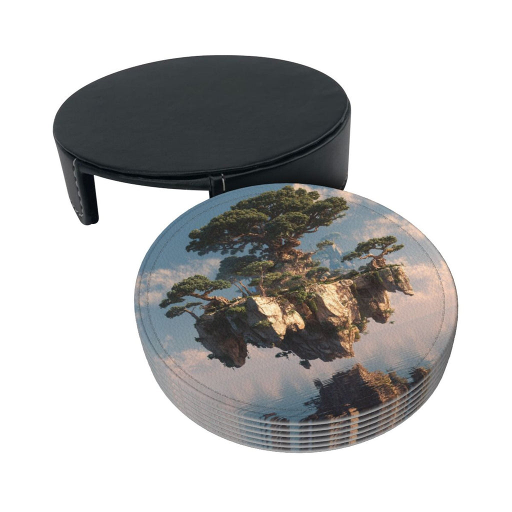 6 - Pack Round Leather Coasters: Floating Giant Tree Island Pattern, Exquisite Storage, Protecting the Desktop