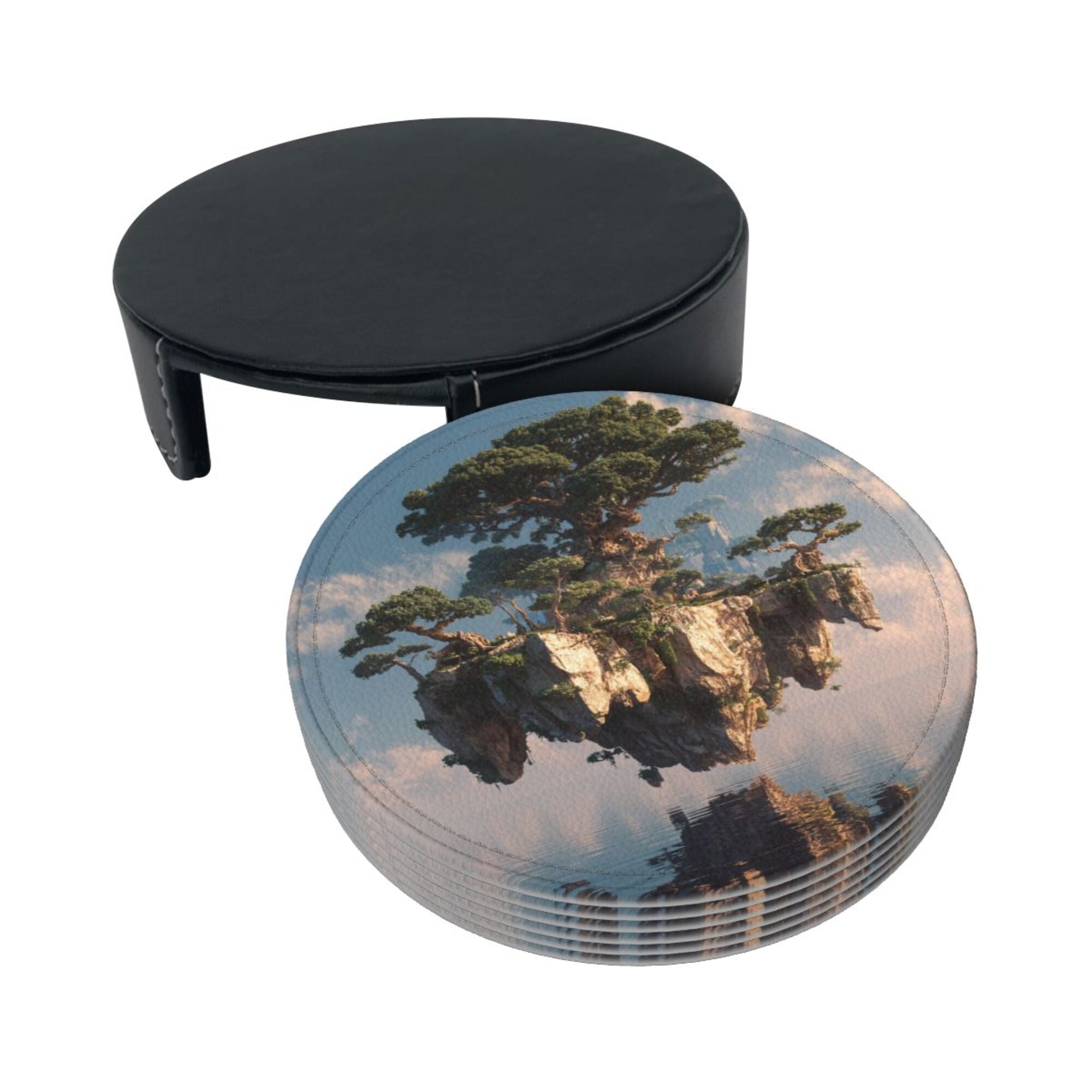 6 - Pack Round Leather Coasters: Floating Giant Tree Island Pattern, Exquisite Storage, Protecting the Desktop