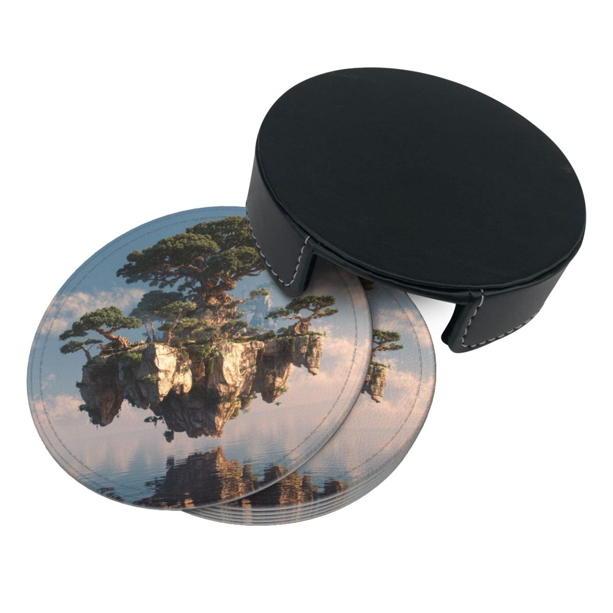 6 - Pack Round Leather Coasters: Floating Giant Tree Island Pattern, Exquisite Storage, Protecting the Desktop