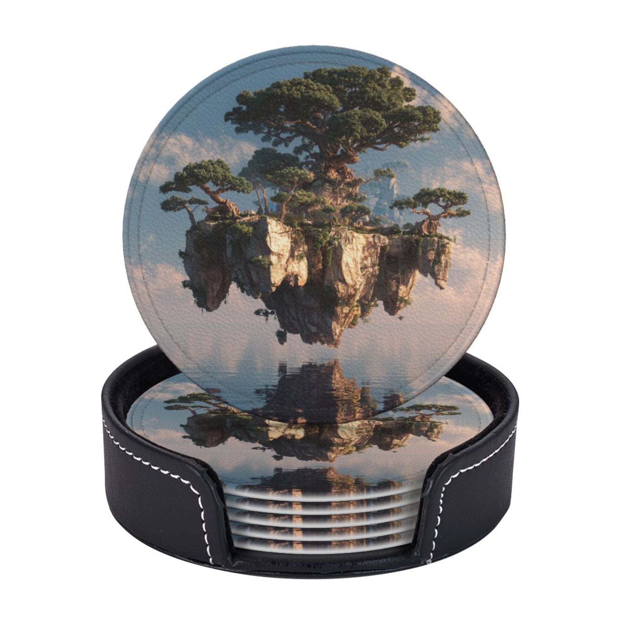 6 - Pack Round Leather Coasters: Floating Giant Tree Island Pattern, Exquisite Storage, Protecting the Desktop