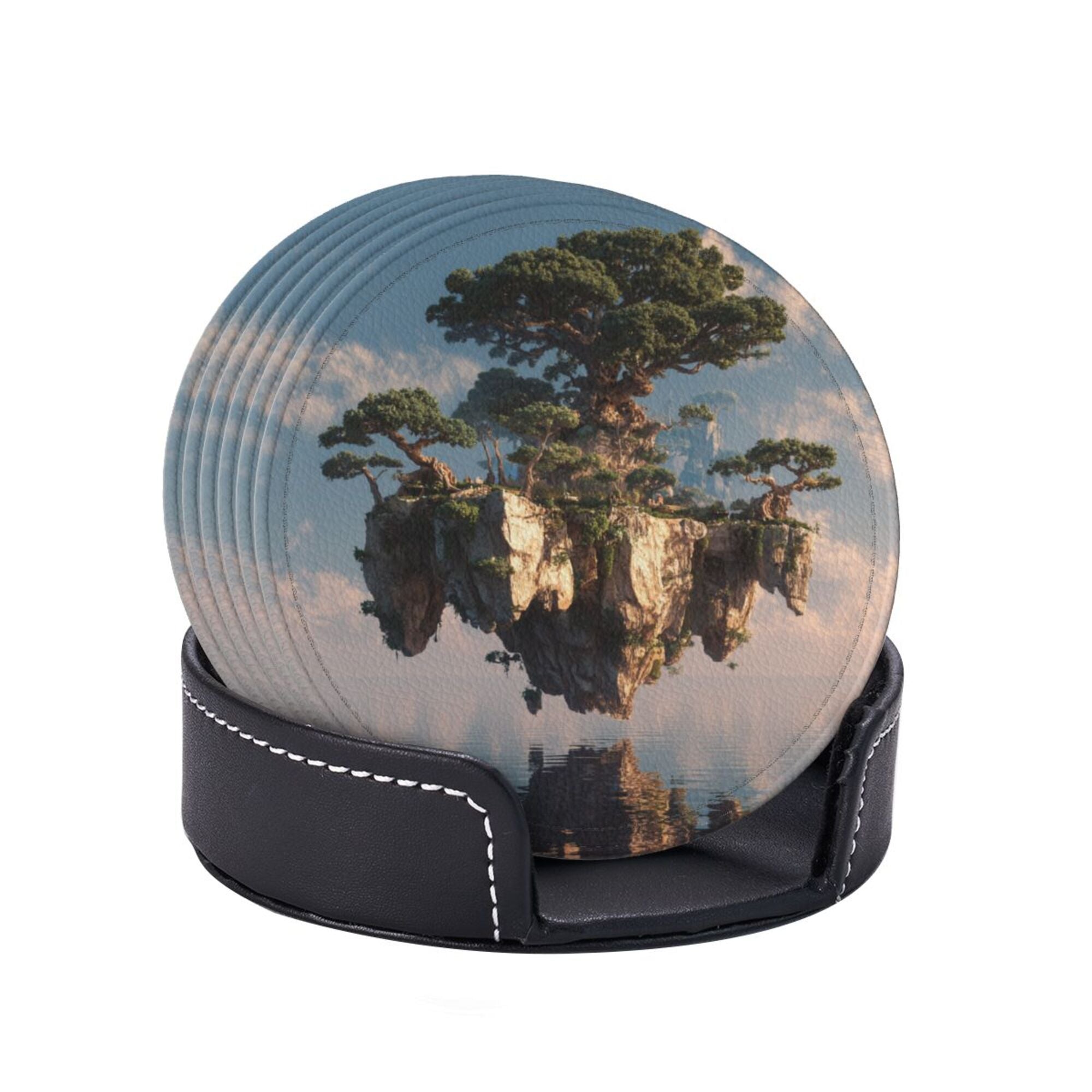 6 - Pack Round Leather Coasters: Floating Giant Tree Island Pattern, Exquisite Storage, Protecting the Desktop