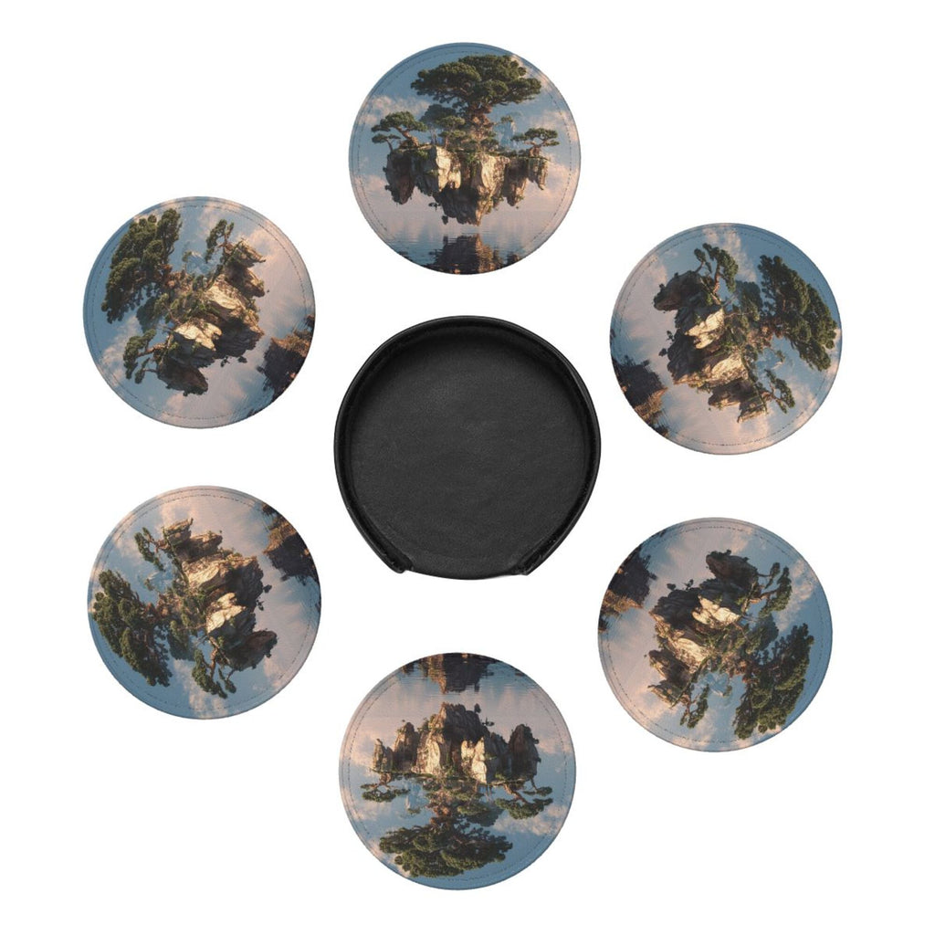 6 - Pack Round Leather Coasters: Floating Giant Tree Island Pattern, Exquisite Storage, Protecting the Desktop