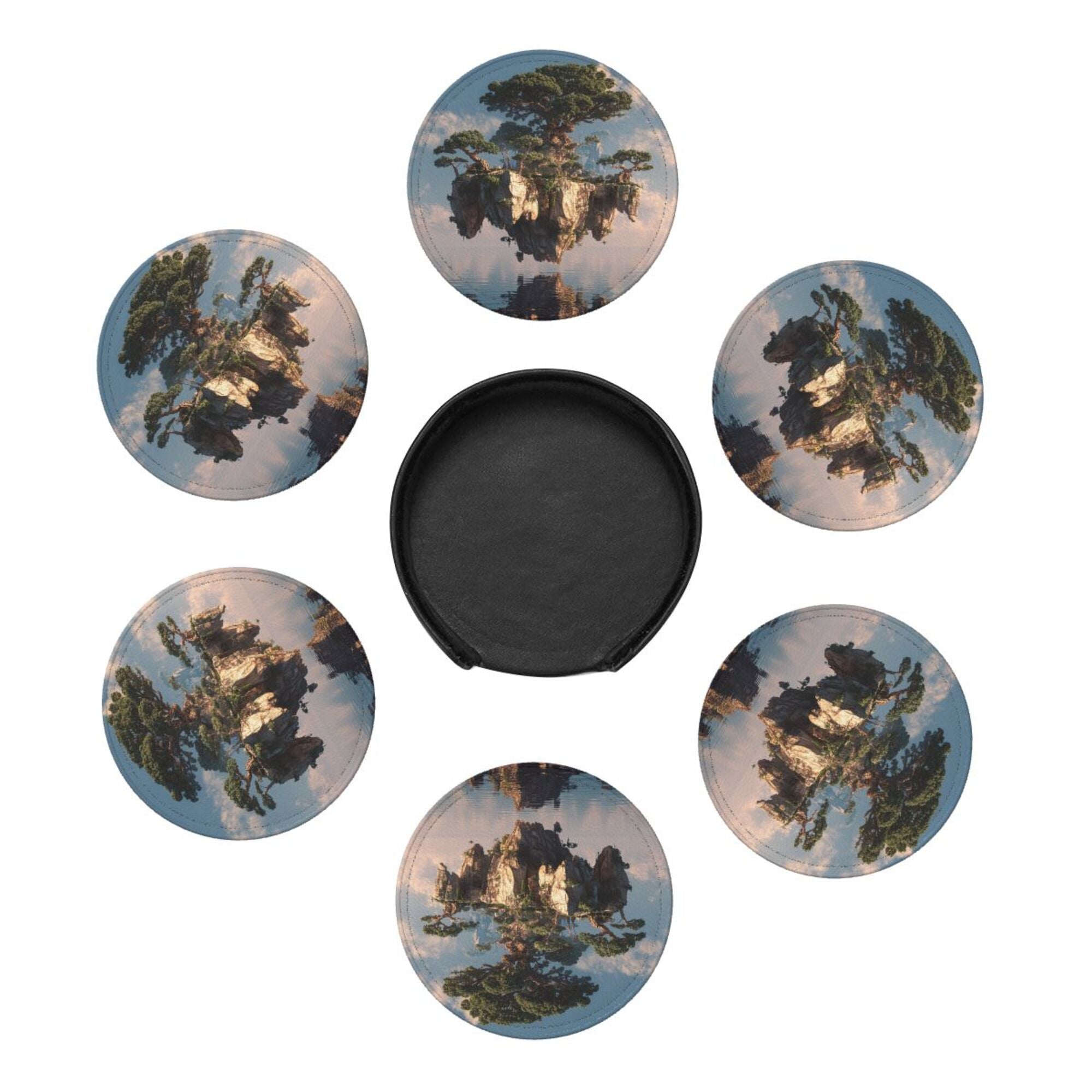 6 - Pack Round Leather Coasters: Floating Giant Tree Island Pattern, Exquisite Storage, Protecting the Desktop