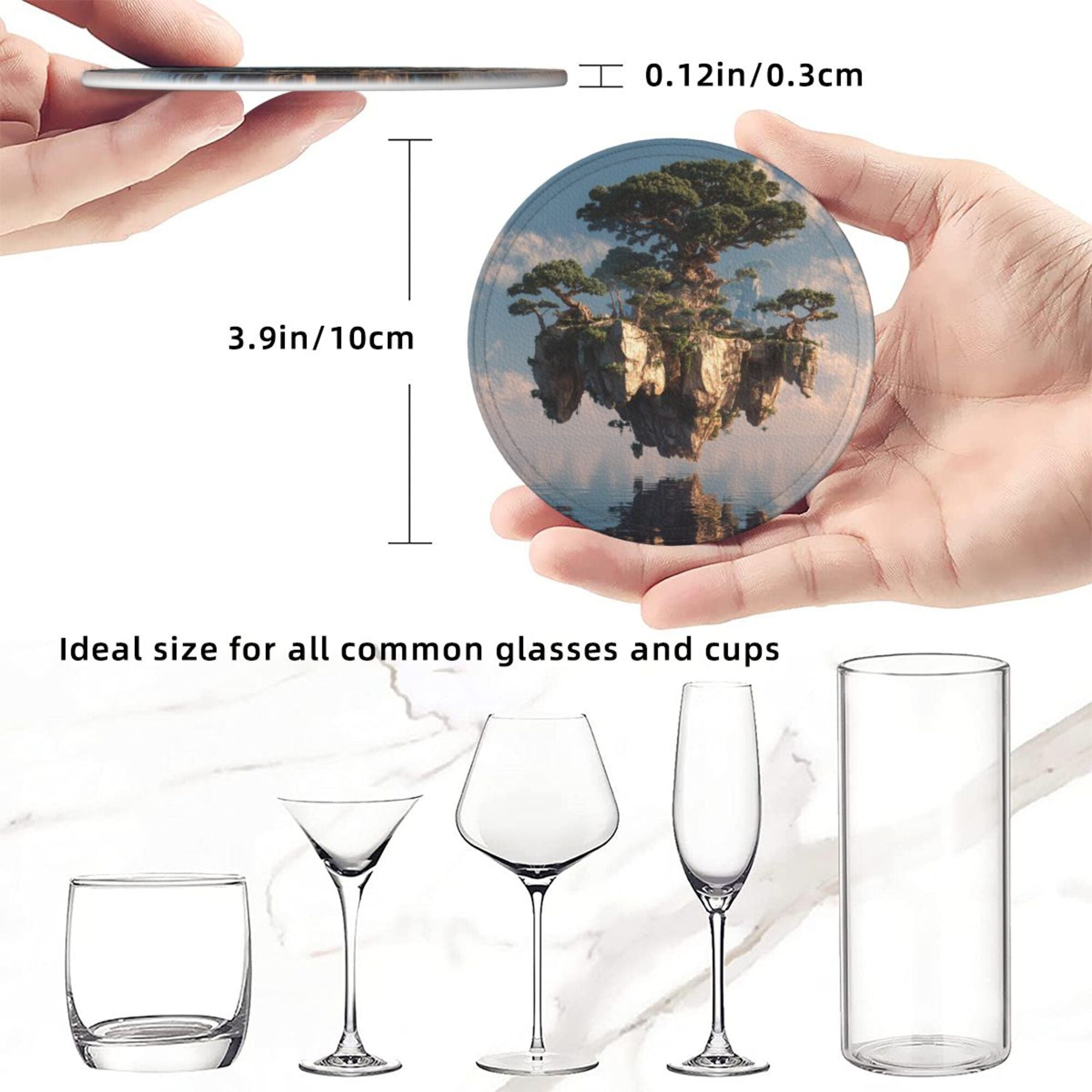 6 - Pack Round Leather Coasters: Floating Giant Tree Island Pattern, Exquisite Storage, Protecting the Desktop