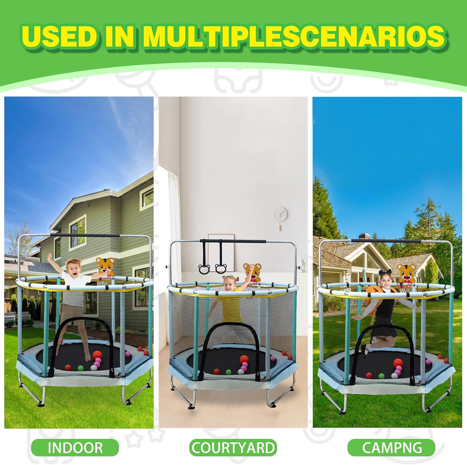 Kids Trampoline 5FT with Net - Adjustable Indoor Outdoor Baby Jumper