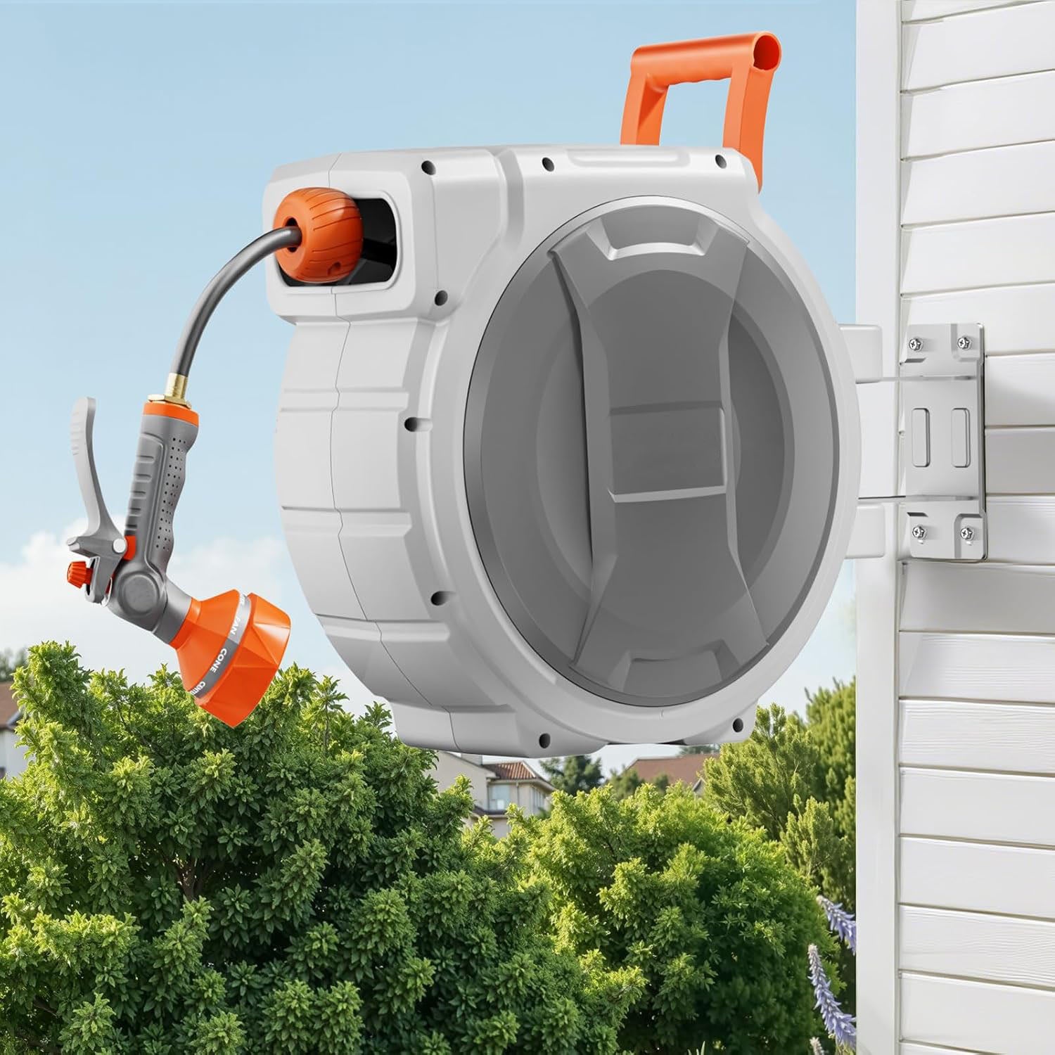 Retractable Garden Hose Reel, 145 ft Heavy Duty Garden Hose Reel with 9 Patterns Nozzle